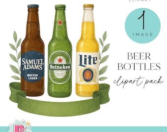 Beer Bottles Clipart PNG, Watercolor Beer Illustration, Digital Beer Bottle Art, Pub Bar Party Clipart, Commercial Use Download