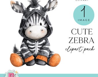 Simpatica clipart di zebra per Halloween, animale per dolcetto o scherzetto ad acquerello PNG, costume da scheletro spettrale, uso commerciale