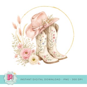May include: A watercolor illustration featuring a pink cowboy hat and a pair of white cowboy boots adorned with floral designs. The boots and hat are set against a gold circular frame, with floral and wheat accents. The image has a soft, feminine aesthetic.
