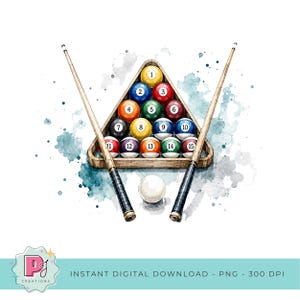 May include: A watercolour illustration of a wooden billiard rack containing fifteen numbered pool balls in various colours, arranged in a triangle. Two wooden pool cues are crossed behind the rack, and a single white cue ball sits in the foreground.