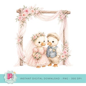 May include: Watercolor illustration of two duck characters dressed for a wedding. The bride duck wears a pink dress and veil, holding a bouquet. The groom duck wears a blue vest and cap. They stand under a floral arch with draped fabric.