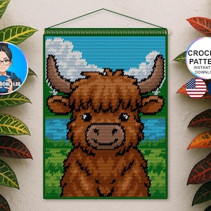 May include: A crocheted wall hanging featuring a brown Highland cow against a blue sky with white clouds. The cow has large horns and a shaggy coat. The text "CROCHET PATTERN INSTANT PDF DOWNLOAD" is in the upper right corner.