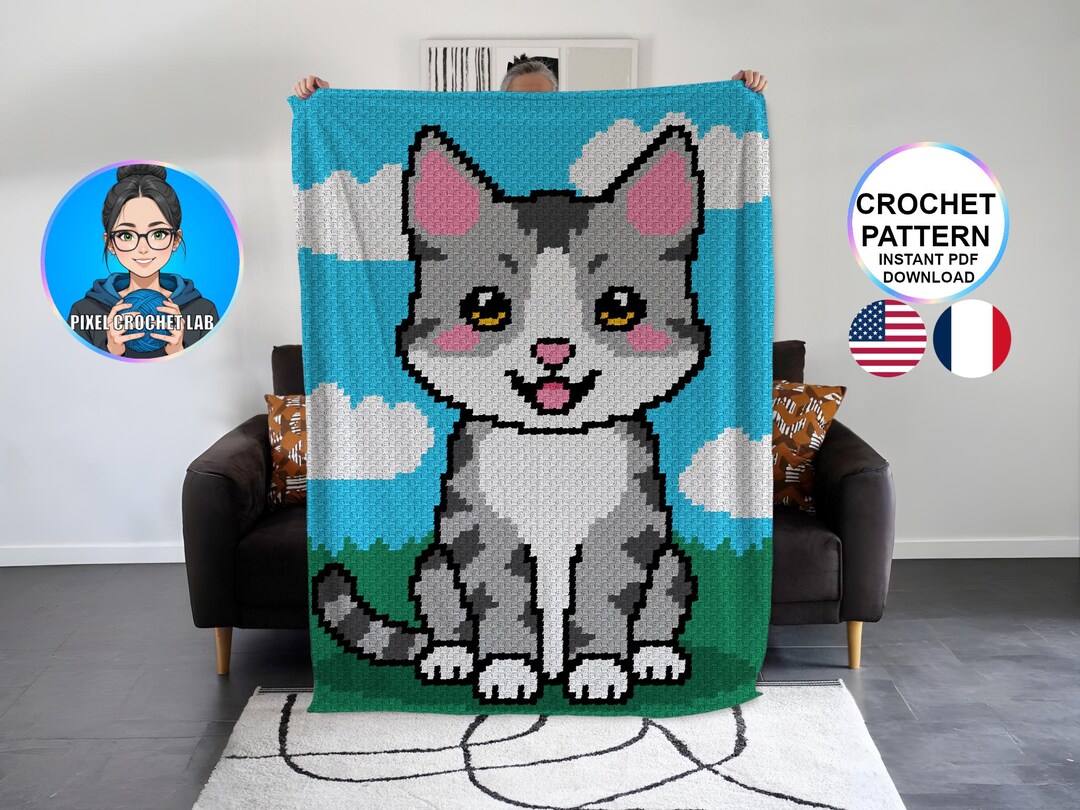 Grey Tabby Cat C2C Blanket Crochet Pattern, Afghan Kitten Pattern ...