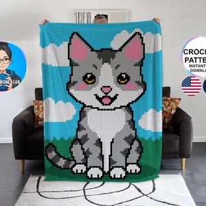 Patron couverture C2C chat tigré gris au crochet, motif afghan chaton, graphghan pattern, modèle corner to corner graph tabby chat animal