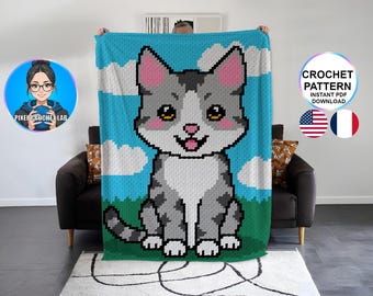Patrón de crochet C2C para una manta de gato atigrado gris, motivo de gatito afgano, patrón graphghan, diseño animal de gato atigrado gráfico de esquina a esquina