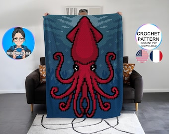 Patrón de manta de ganchillo C2C de calamar gigante, motivo de animal marino afgano, manta gráfica de océano profundo. Gráfico del patrón de esquina a esquina.