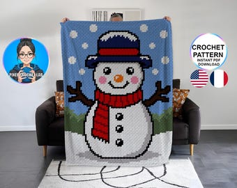 Patrón de manta de muñeco de nieve c2c crochet, motivo afgano navideño, diseño gráfico, patrón de invierno, patrón de cuadros, idea de regalo decorativa