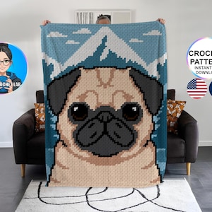 pug C2C blanket crochet pattern, afghan animal dog pattern, plaid graphghan pet pattern, puppy corner to corner graph, dog mom, dog dad