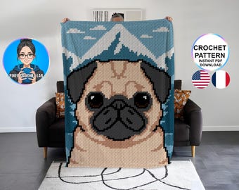 Patrón de manta de carlino C2C de crochet, patrón de manta de perro afgana, patrón graphghan, modelo, gráfico de esquina a esquina, graphgan moderno en PDF