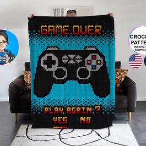 Patron couverture C2C manette jeu vidéo crochet, motif afghan arcade retro gaming, graphghan gamer pattern, modèle gaming room, game over