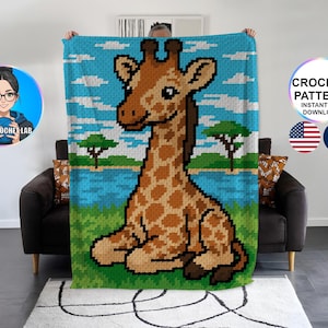 May include: A crocheted blanket featuring a pixelated giraffe in shades of brown and tan, set against a blue sky with white clouds and green grass. The blanket has the text "CROCHET PATTERN INSTANT PDF DOWNLOAD".