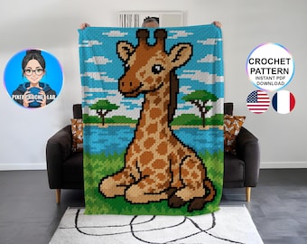 Patrón de manta de ganchillo de jirafa C2C | Manta a cuadros de esquina a esquina Graphghan | Patrón de arte pixelado Savannah | Gráfico de animales | Manta afgana para bebé con motivo de la selva