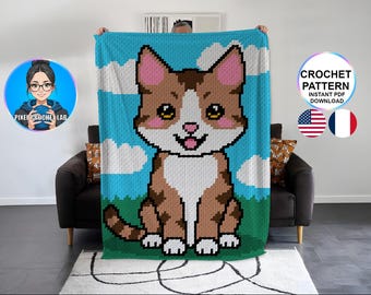 Brown Tabby cat blanket, C2C (corner to corner) stitch crochet pattern, written instructions + graph, graphghan, grid, chart, kitten, kitty