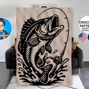 Bass Fish Blanket Tapestry Crochet Pattern | Fishing Graphghan | SC design | Animal Afghan | Single Crochet Chart | Outdoors Home Decor Grid