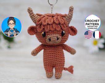 Patrón de amigurumi de vaca de las Tierras Altas a crochet | Llavero de peluche kawaii | Accesorio para bolso | Figura de animal | Punto X ajustado