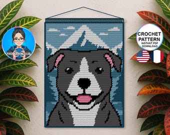 Staffy dog tapestry crochet pattern, mountain and forest landscape wall hanging design, crochet wall decor, staffordshire bull terrier