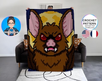 Häkelmuster für eine Halloween-Vampirfledermaus-Decke (C2C), Herbstmotiv, gruselige Häkeldecke, Mondmuster, Karomuster