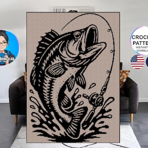 Bass Fish Blanket Tapestry Crochet Pattern | Fishing Graphghan | SC design | Animal Afghan | Single Crochet Chart | Outdoors Home Decor Grid