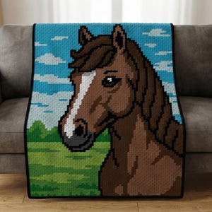 Pode incluir: Uma manta de crochê retangular com um design de pixel art de um cavalo marrom com uma mancha branca no rosto. O fundo retrata um céu azul brilhante com nuvens brancas acima de um campo verde, tudo contornado por uma borda preta.