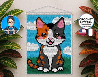 Calico cat tapestry crochet pattern, red kitty wall hanging design, crochet wall art decoration, pet room decor, cute animal design