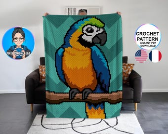 Patrón de manta de loro a crochet c2c, patrón de afgano animal, patrón de pájaro graphghan, patrón de naturaleza, patrón para adulto y niño, manta de regalo