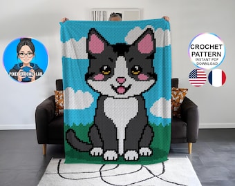 C2C haakpatroon voor een smokingkattendeken, Afghaans kittenmotief, Graphghan-patroon, hoek-tot-hoek Graph zwart-wit dierenkatontwerp