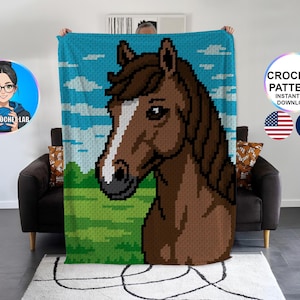 May include: A pixelated horse design on a blue blanket with a sky and green field background. The blanket features a brown horse head with a white stripe. The text "CROCHET PATTERN INSTANT PDF DOWNLOAD" is visible.