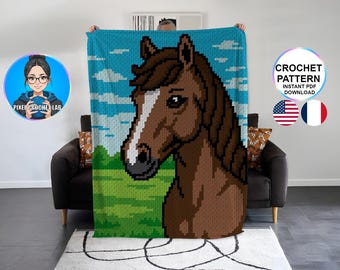 Patrón de manta para caballo C2C | Cuadrícula a cuadros Graphghan de esquina a esquina | Patrón de equitación Pixel Art | Cuadrícula de animales | Diseño afgano moderno