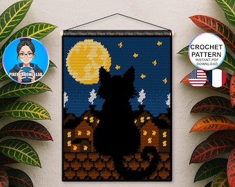 Black cat silhouette on a roof tapestry crochet pattern, cat life wall hanging design, crochet wall art decoration, pet room decor, animal