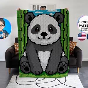 May include: A crocheted panda blanket with a smiling panda design, set against a green bamboo backdrop and a blue sky. The blanket features the text "CROCHET PATTERN INSTANT PDF DOWNLOAD" and the American and French flags.