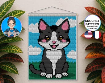Patrón de crochet para tapiz de gato con esmoquin negro, patrón para colgar en la pared con frase de gatito negro, imagen de crochet, patrón de mascota