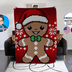 Gingerbread man C2C blanket crochet pattern, xmas afghan, winter graphghan, corner to corner christmas decor, holiday season plaid graph,