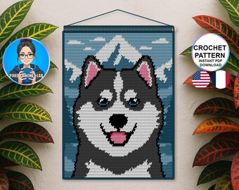 Patrón de tapiz de ganchillo con perro husky, motivo de tapiz de pared con animal, imagen de ganchillo de paisaje de montaña/bosque, patrón de tapiz de cachorro