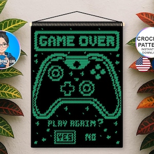 Haakpatroon voor een videogamecontroller | Game Over wanddecoratie | Haakpatroon voor een afbeelding | Pixelkunst rasterpatroon voor games