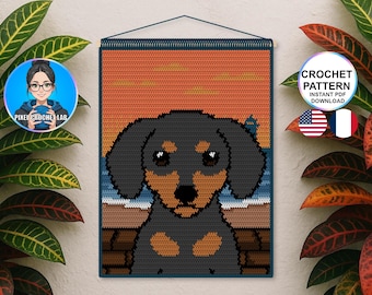Patrón de tapiz de crochet de perro salchicha, motivo de animal para colgar en la pared, paisaje marino, faro, playa, imagen de crochet, patrón de tapiz de cachorro