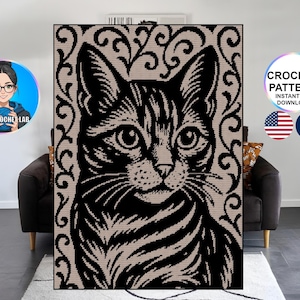 May include: A rectangular crochet pattern featuring a black tabby cat portrait against a beige background with black swirling filigree designs. The text CROCHET PATTERN INSTANT PDF DOWNLOAD is visible alongside American and French flag icons.