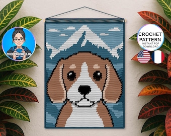 Patrón de tapiz de ganchillo con perro beagle, motivo de tapiz de pared con animal, imagen de ganchillo de paisaje de montaña/bosque, patrón de tapiz de cachorro