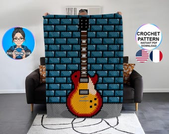 Patrón de guitarra eléctrica rock para crochet C2C, motivo de instrumento musical afgano, gráfico de músico, patrón de rock, guitarrista