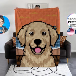 Golden retriever C2C blanket crochet pattern, afghan labrador dog pattern, plaid graphghan pet pattern, puppy corner to corner, animal graph
