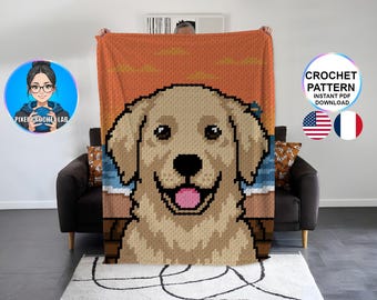 Patrón de manta de golden retriever C2C crochet, patrón de perro labrador afgano, patrón graphghan, modelo, gráfico de esquina a esquina moderno