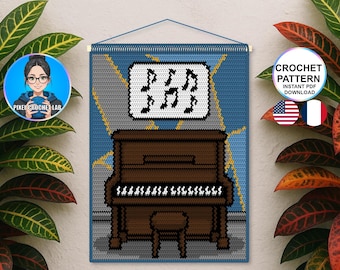 Vintage upright piano tapestry crochet pattern, music instrument wall hanging decor, rock wall decoration, pianist design, musician gift