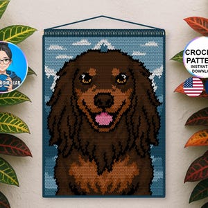 May include: A crochet wall hanging featuring a smiling dog with brown fur and a pink tongue. The background is blue with white accents. The text "CROCHET PATTERN INSTANT PDF DOWNLOAD" is visible. The image also includes the American and French flags.