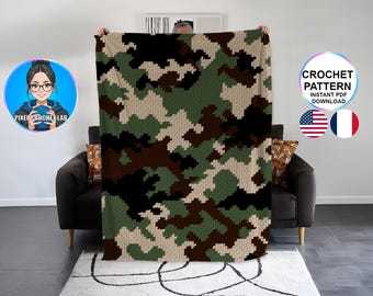 Manta de crochet con patrón de camuflaje c2c, motivo militar afgano, patrón de camuflaje Graphghan, motivo de caza de esquina a esquina, manta militar