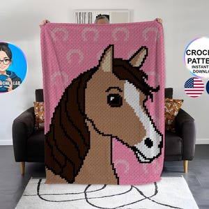 Patron couverture c2c crochet cheval, motif afghan animal, modèle graphghan pattern équitation, motif fer à cheval chance, plaid cadeau