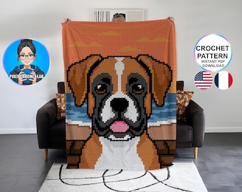 boxer C2C blanket crochet pattern, afghan animal dog pattern, plaid graphghan pet pattern, puppy corner to corner graph, dog mom dog dad