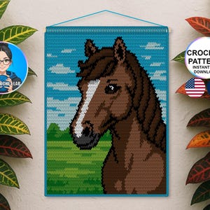 May include: A crochet wall hanging featuring a brown horse head with a white blaze, set against a blue sky with white clouds and green grass. The text "CROCHET PATTERN INSTANT PDF DOWNLOAD" is displayed. The image also includes the American and French flags.