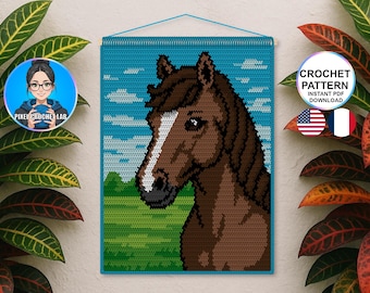 Patrón de tapiz de caballo marrón a crochet | Diseño para colgar en la pared para niños y adultos | Patrón de imagen a crochet | Patrón de animal en cuadrícula pixel art en PDF