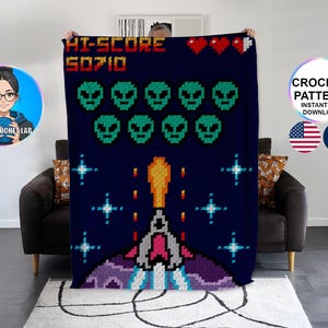 Space shooter video game C2C blanket crochet pattern, gamer afghan , Arcade retro gaming graphghan, gaming room corner to corner, graph