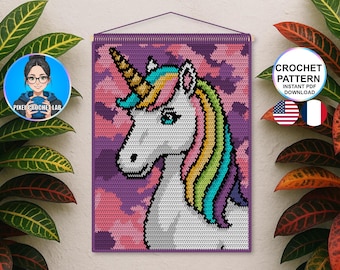 Patrón de crochet para tapiz de caballo unicornio arcoíris, diseño para colgar en la pared para niños (niña/niño), patrón de imagen de crochet, patrón de cuadrícula