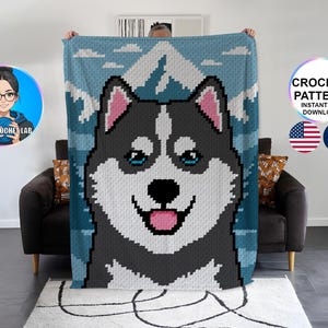 husky C2C blanket crochet pattern, afghan animal dog pattern, plaid graphghan pet pattern, puppy corner to corner graph, dog mom dod dad